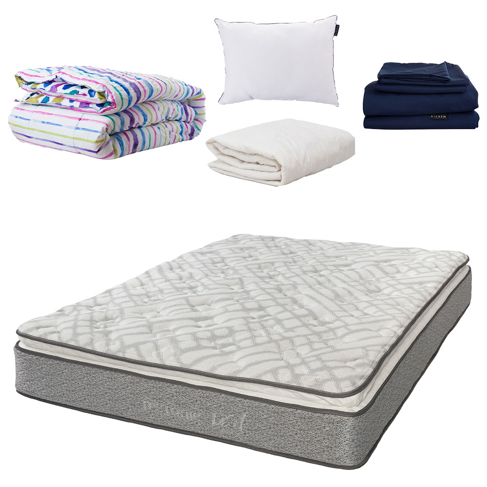 Colchón Restonic Vail color Gris Individual + Almohada Dicasa + Protector Supreme + Sábanas Dicasa + Edredón Dicasa
