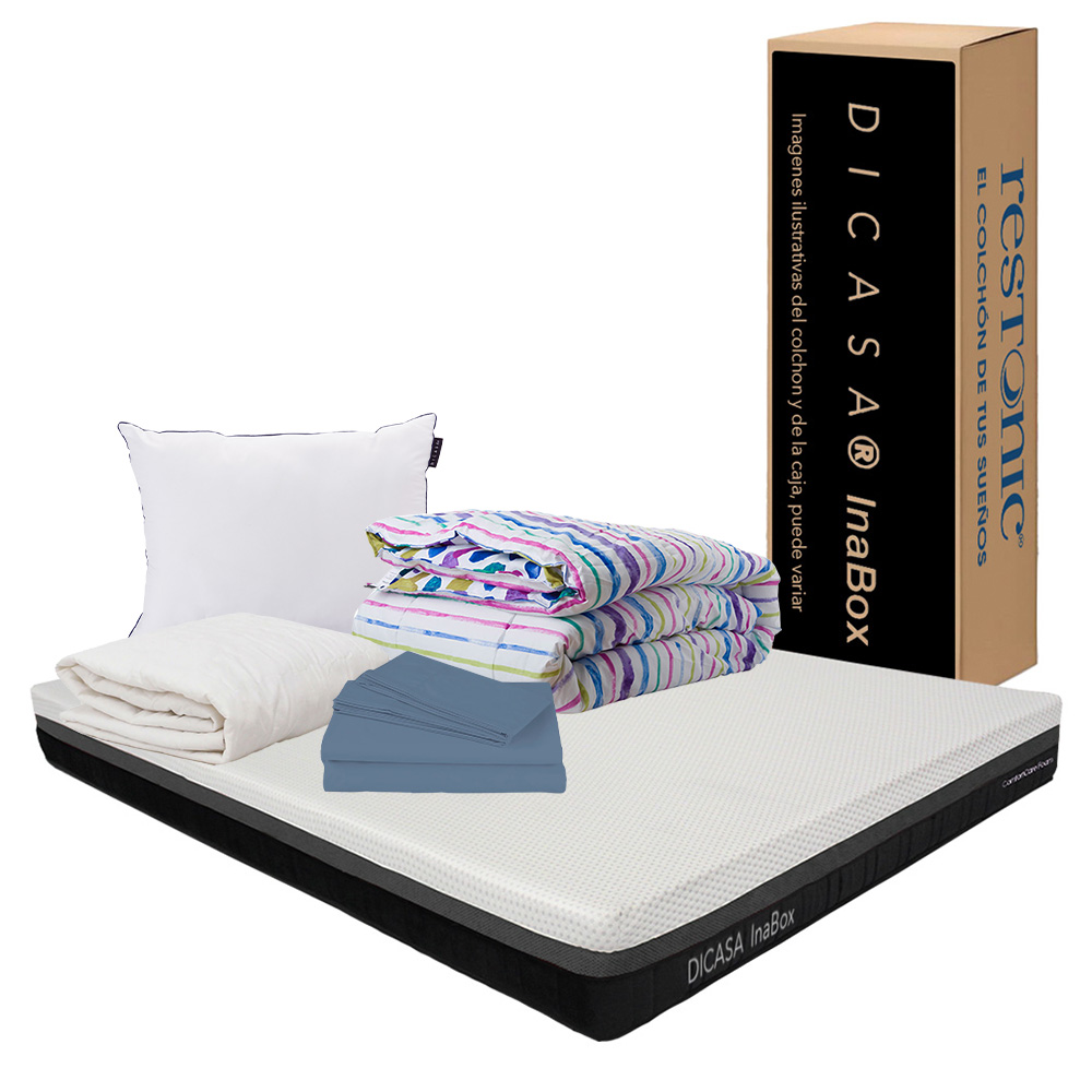 Colchón Dicasa Inabox Blanco Queen Size + Almohada One + Protector + Sábanas + Edredón