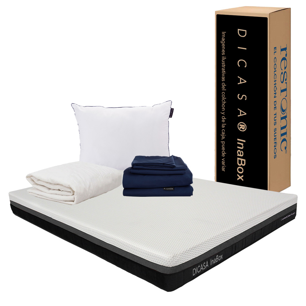 Colchón Dicasa Inabox Blanco Matrimonial + Almohada One + Protector +  Sábanas Softy