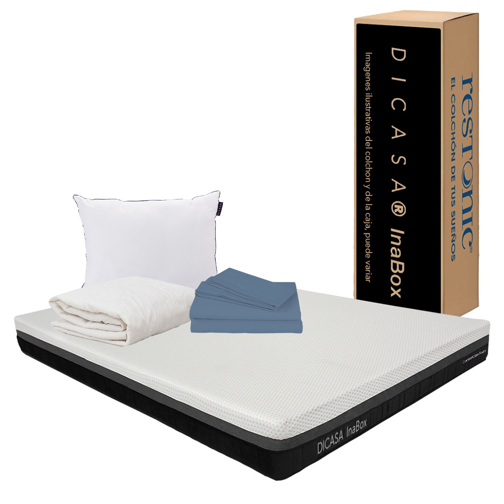 Colchón Dicasa Inabox color Blanco Matrimonial más Almohada Oso más Protector y Sábanas