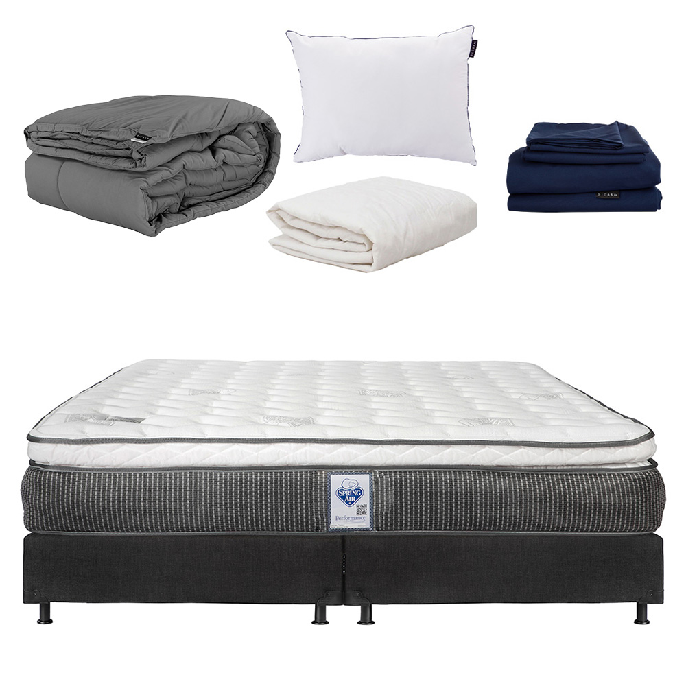 Colchón Spring Air Phantom Queen Size+ Box Belu + Almohada One+ Protector de Colchón + Sábanas Softy+ Edredón Verona