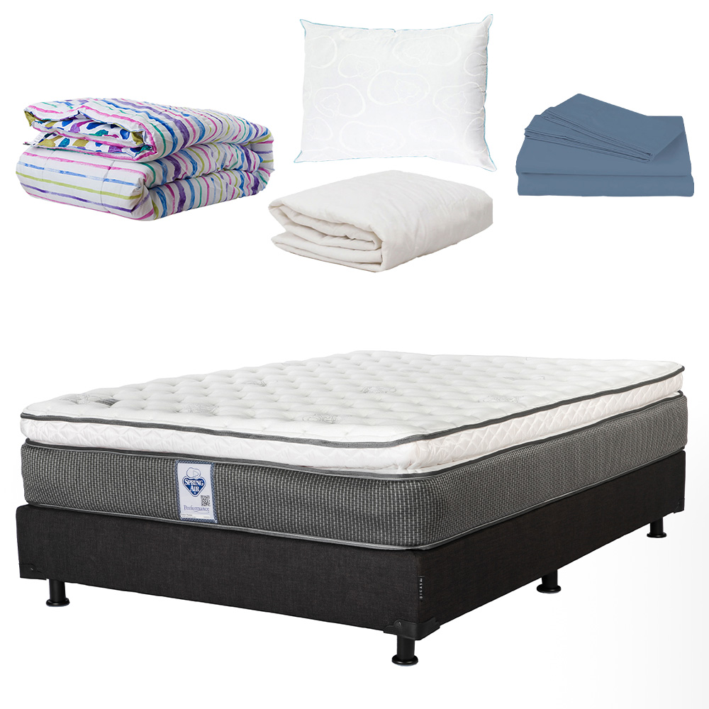 Colchón Spring Air Matrimonial + Box Belu + Almohada Oso + Protector de Colchón + Sábanas + Edredón