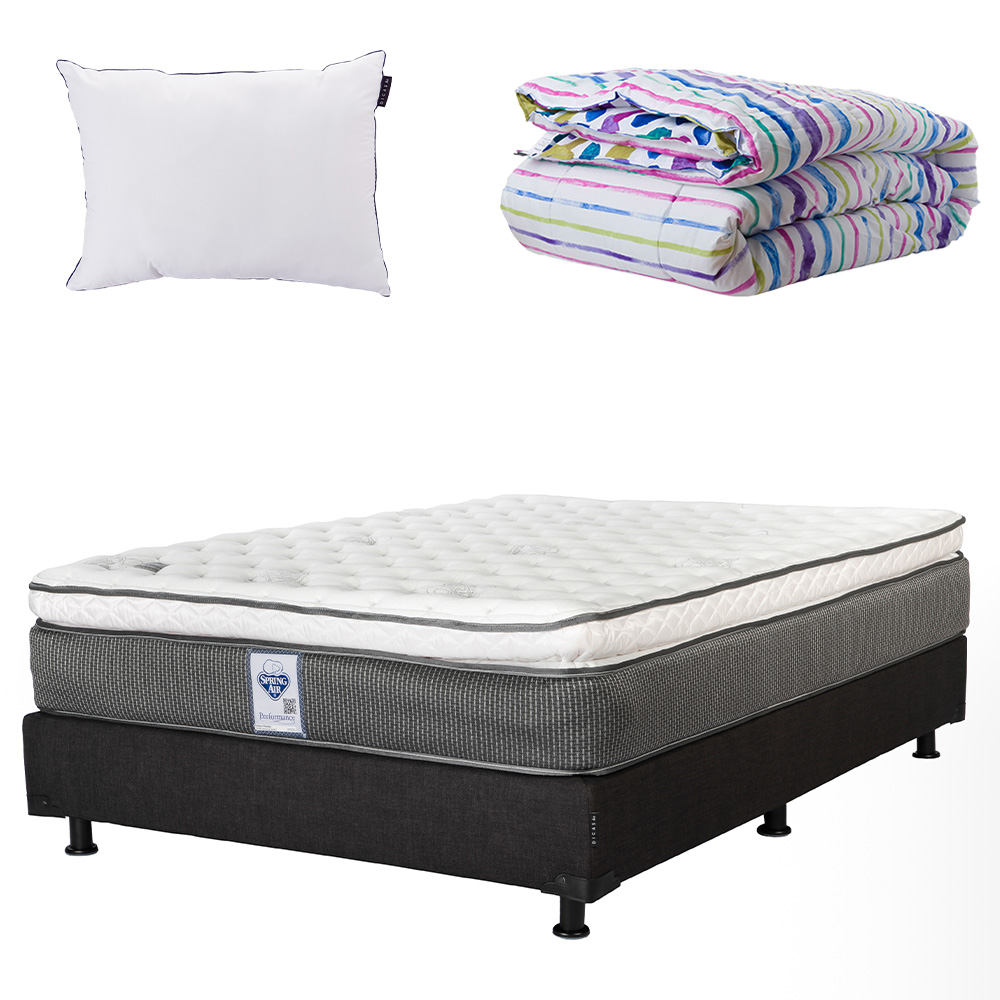 Colchón Spring Air Queen Size + Box Belu + Almohada One + Edredón