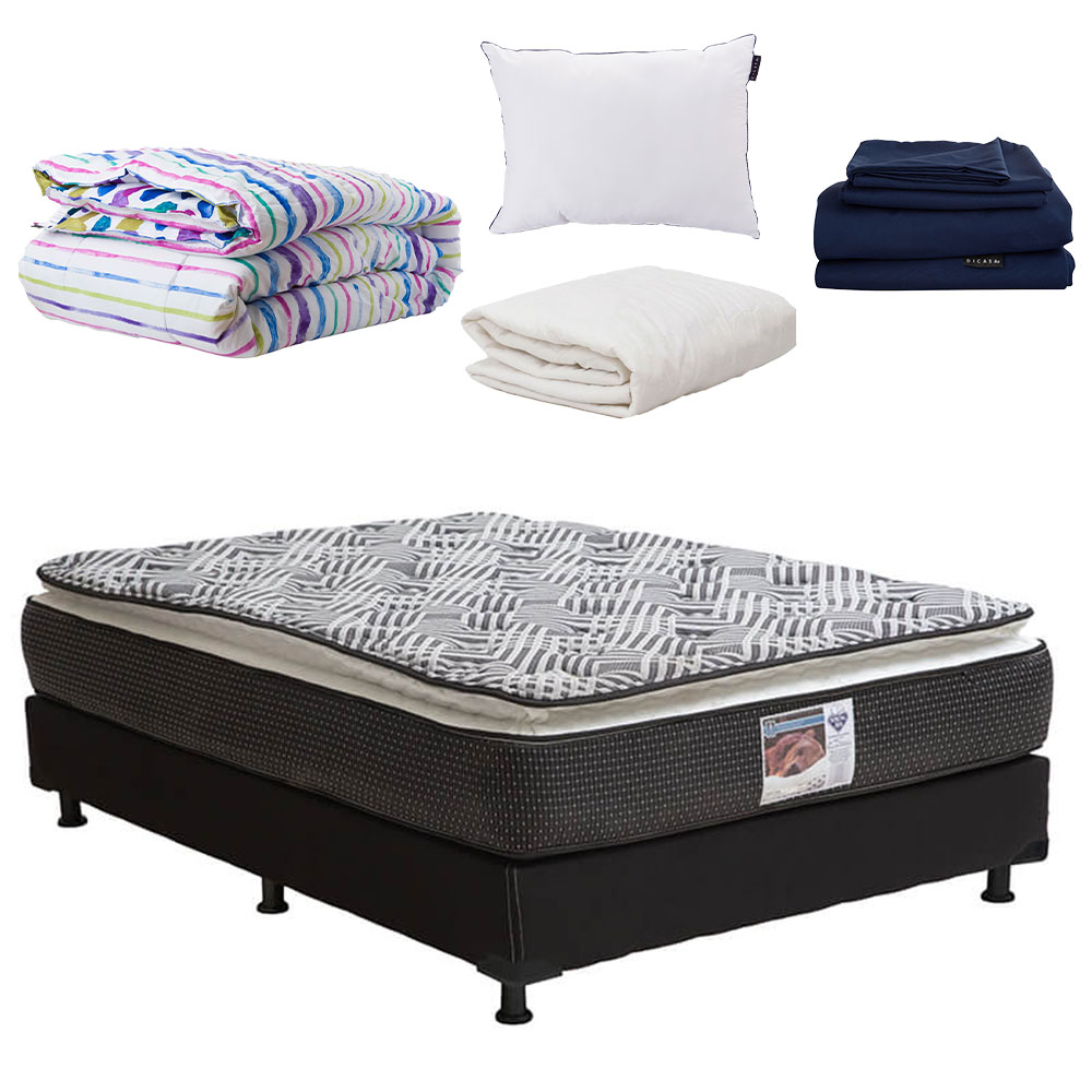 Colchón Spring Air Matrimonial + Box Black + Almohada + Protector De Colchón + Sábanas + Edredón