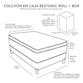 Foto 4 | Colchón en Caja Restonic Roll Individual + Box Black + Almohada One + Protector + Sábanas Softy + Edredón Verona