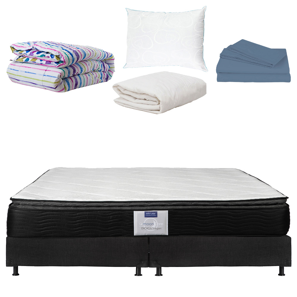 Colchón Dicasa Legan King Size + Box Belu+ Almohada Oso + Protector de Colchón + Sábanas + Edredón