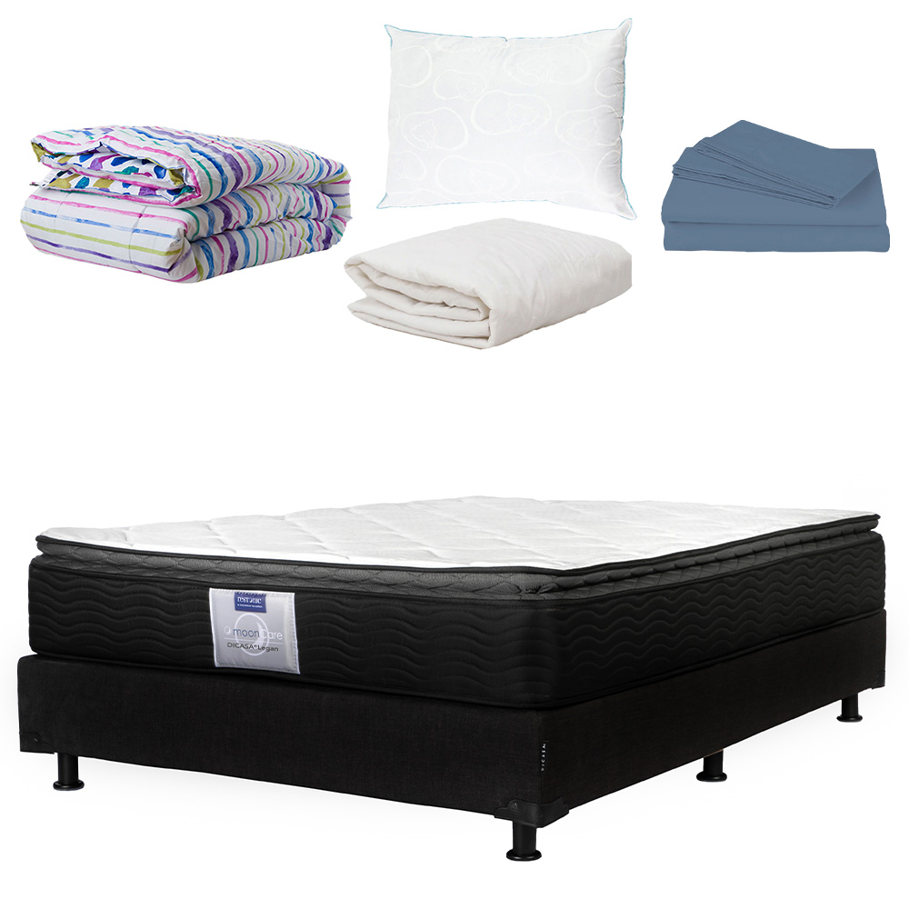 Colchón Dicasa Legan Queen Size + Box Belu + Almohada Oso + Protector de Colchón + Sábanas + Edredón