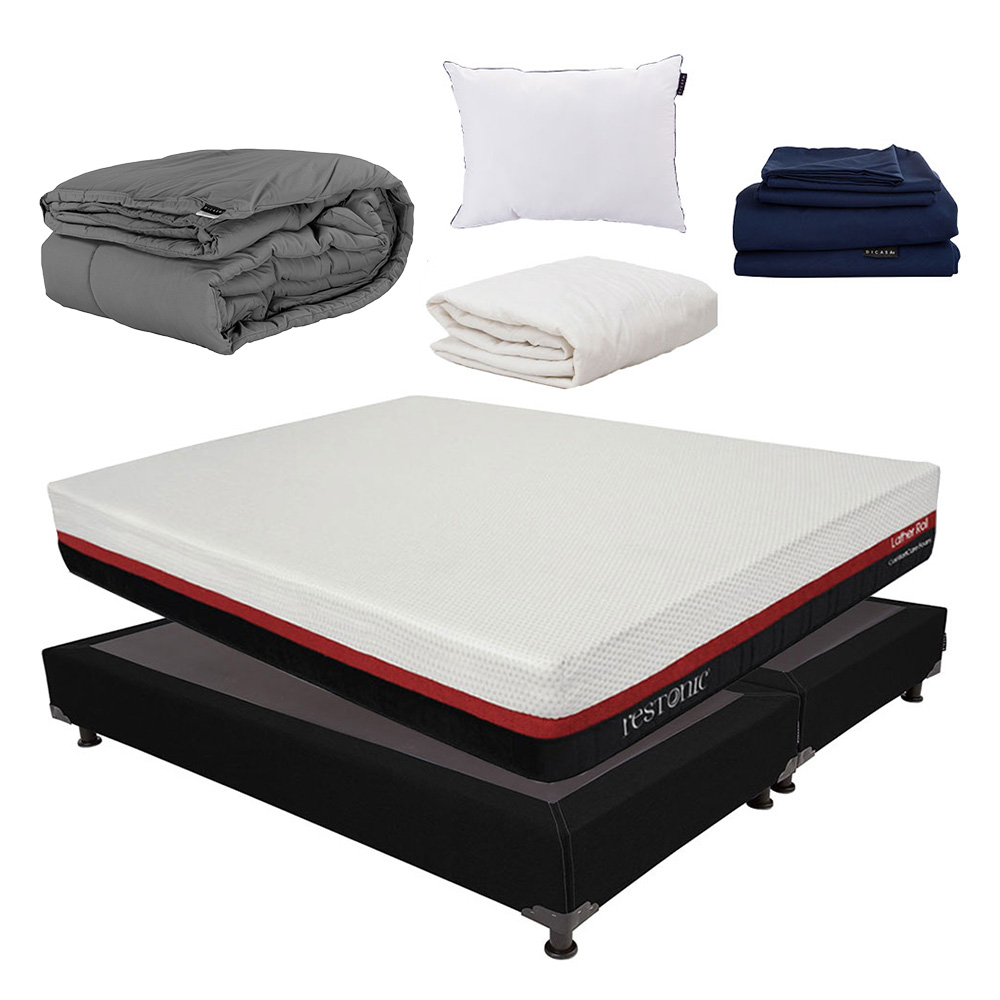 Colchón En Caja Restonic Roll King Size+Box Dicasa +Almohada One+Protector De Colchón +Sábanas Softy+Edredón Homy