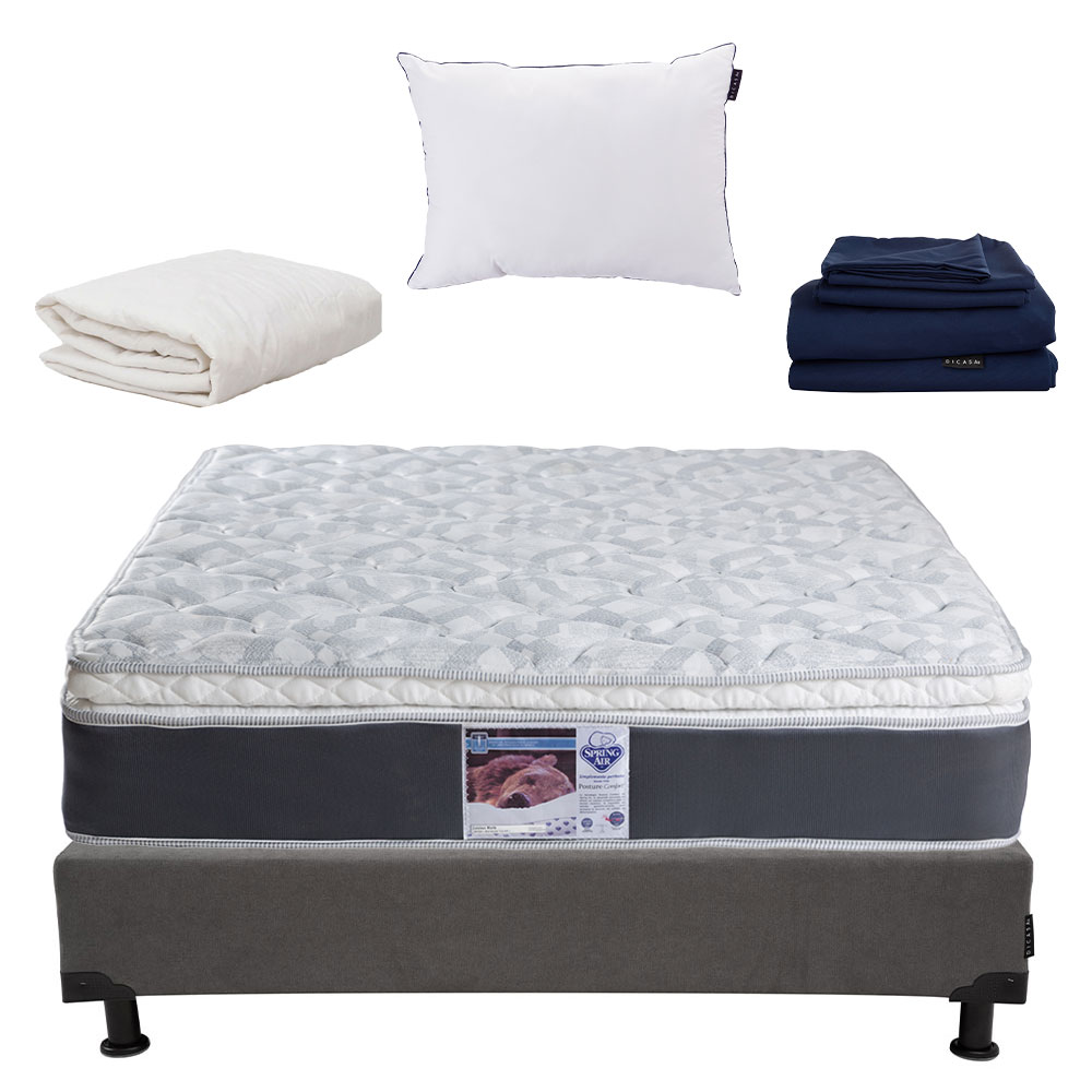 Colchón Queen Size Spring Air + Box Bless + Almohada One + Protector y Sábanas Softy