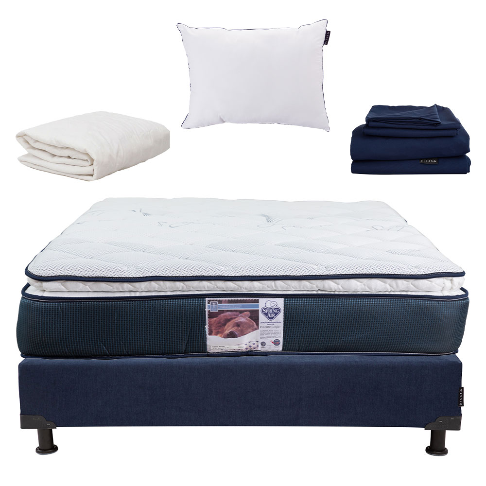 Colchón Matrimonial Spring Air + Box Bless + Almohada One + Protector y Sábanas Softy