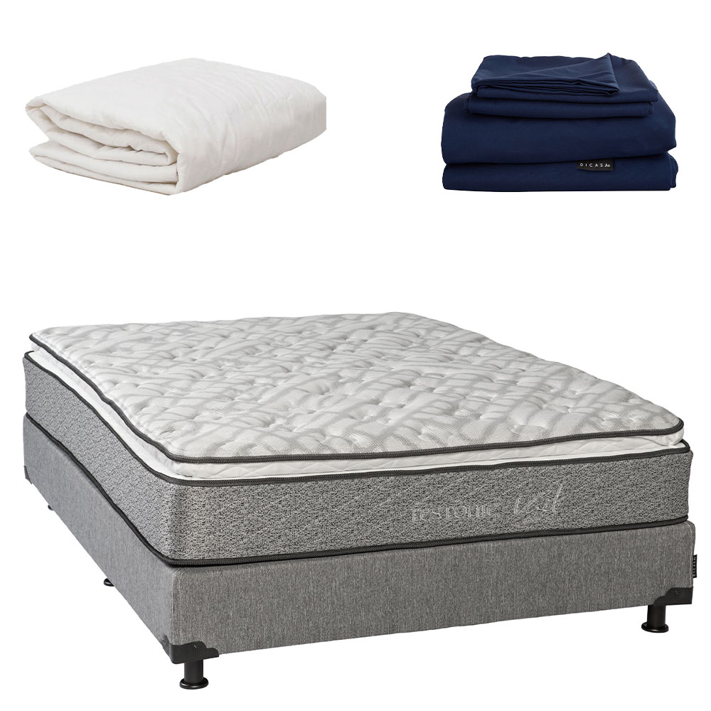 Colchón Restonic Vail Rivo Individual + Box Plomo + Protector de Colchón + Sábanas Softy