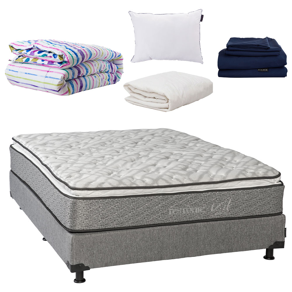 Colchón Restonic Vail Matrimonial + Box Plomo + Almohada One + Protector de Colchón + Sábanas Softy + Edredón Verona