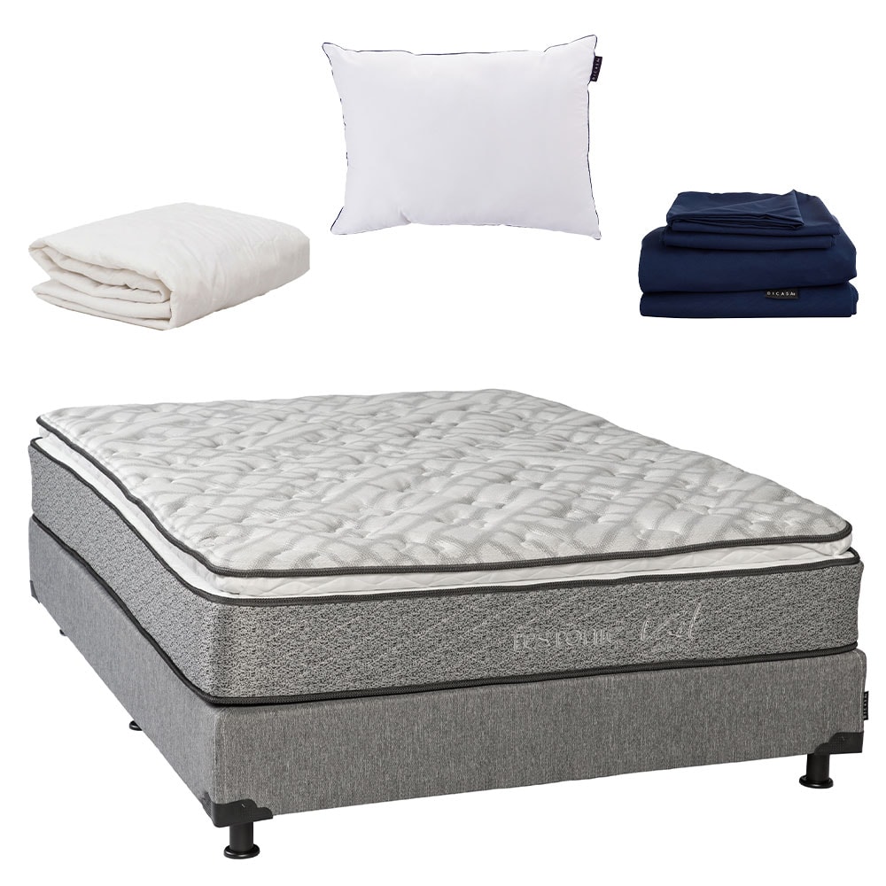 Colchón Restonic Vail Queen Size + Box Plomo + Almohada One + Protector de Colchón + Sábanas Softy $8,949