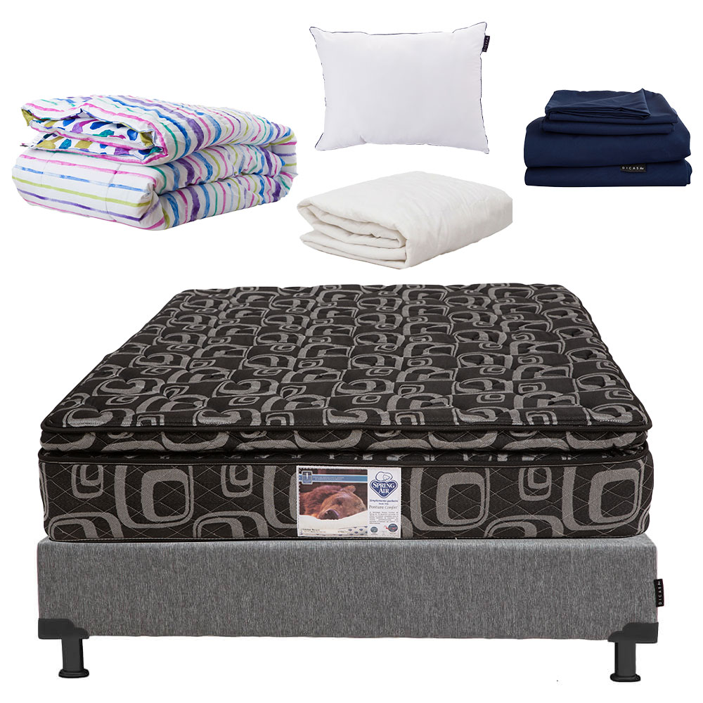 Colchón Spring Air Morgan Queen Size + Box Plomo + Almohada One + Protector de Colchón + Sábanas Softy + Edredón Vero