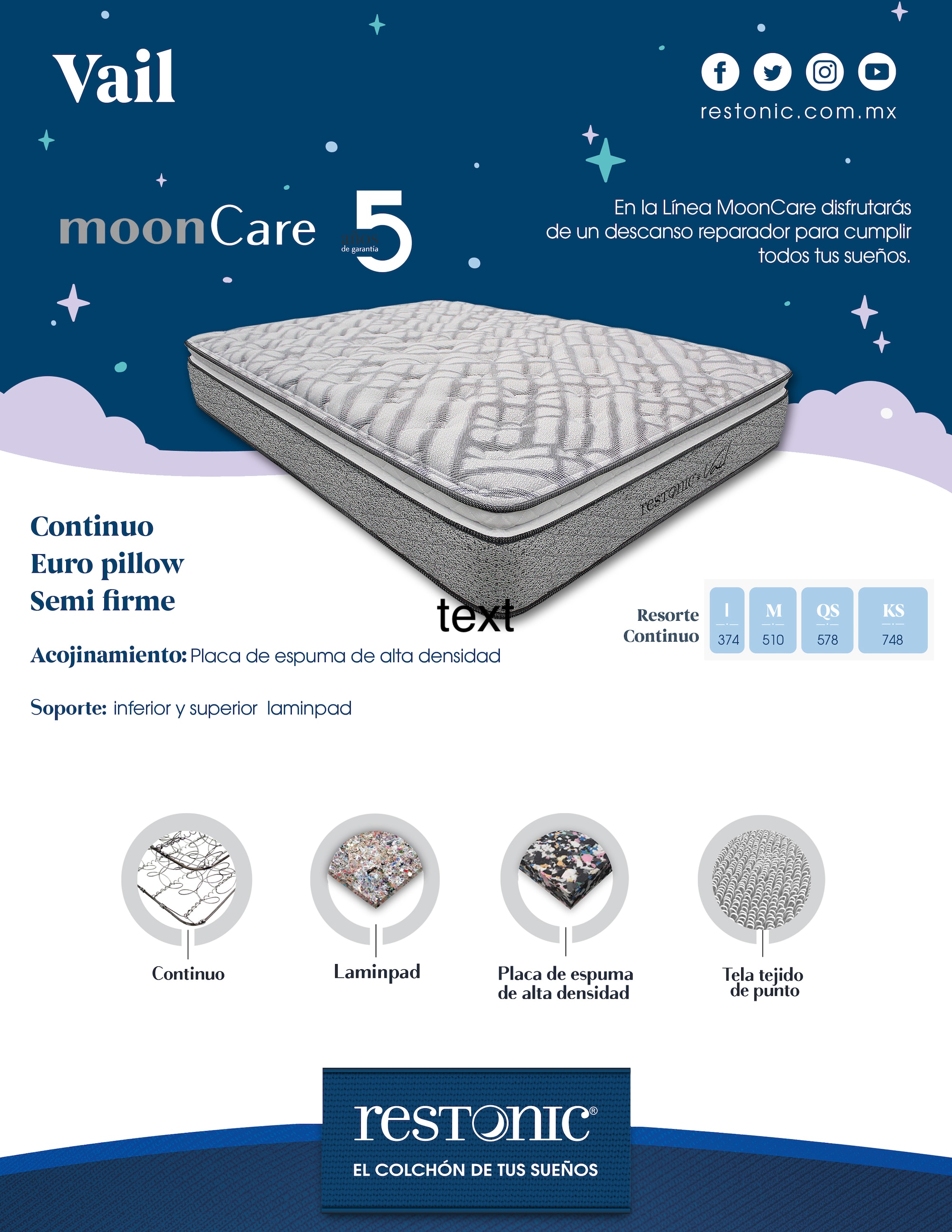 Colchón Restonic Matrimonial Vail Moon Care | Coppel.com