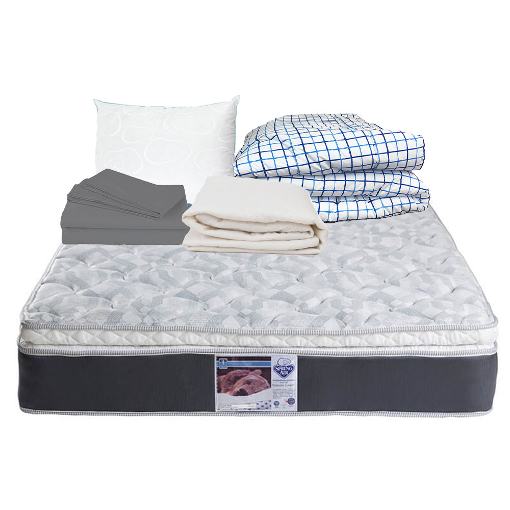 Colchón Spring Air Queen Size + Almohada Oso + Protector + Sábanas + Edredón