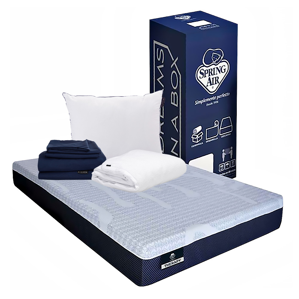 Colchón Spring Air Therapy Queen Size + Almohada One + Protector Cloud + Sábanas Softy