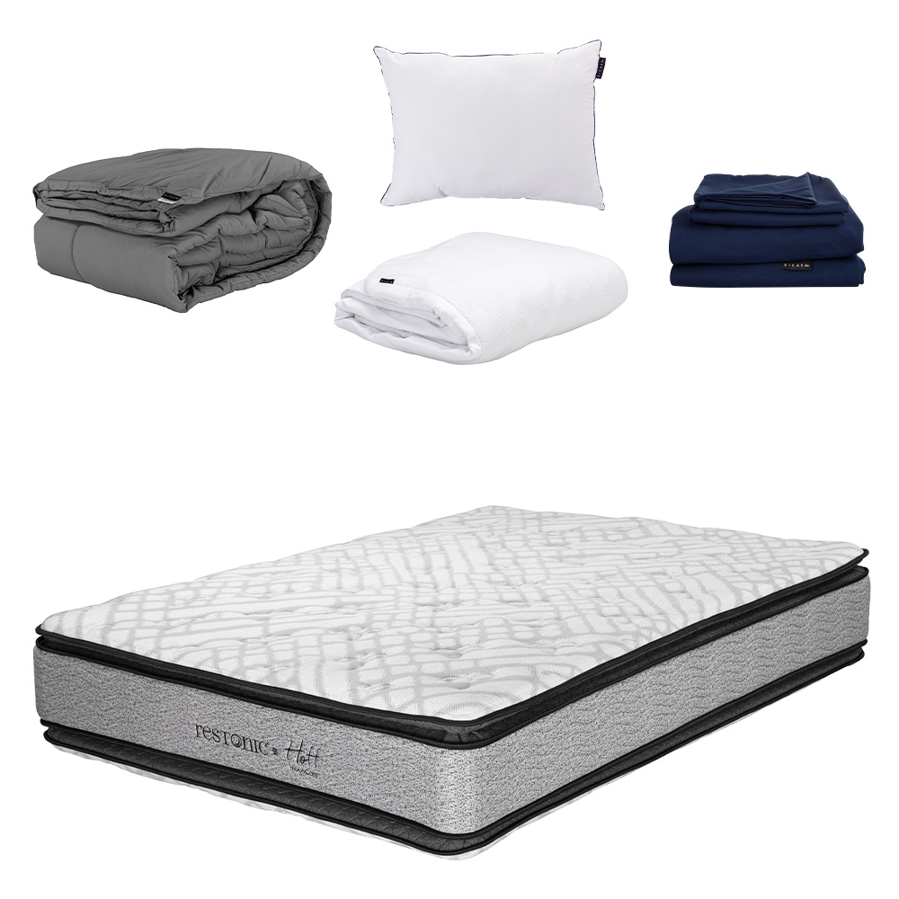 Colchón Restonic Hoff King Size + Almohada One + Protector Cloud + Sabanas Softy + Edredón Homy