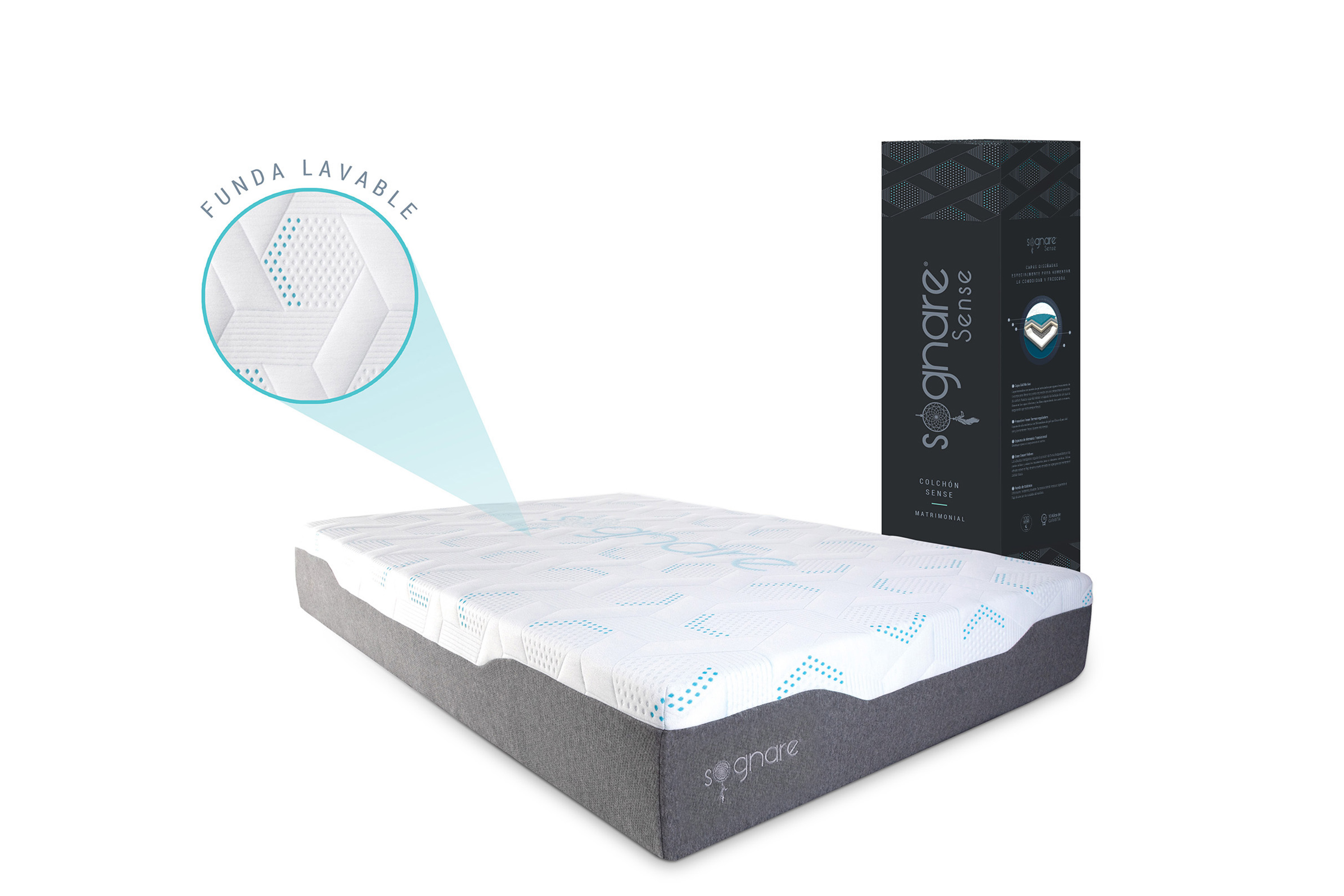 Sognare Sense Colchón Matrimonial Híbrido de Memory Foam y Gel Densidad Semi Firme Fresco con Funda Removible Lavable.