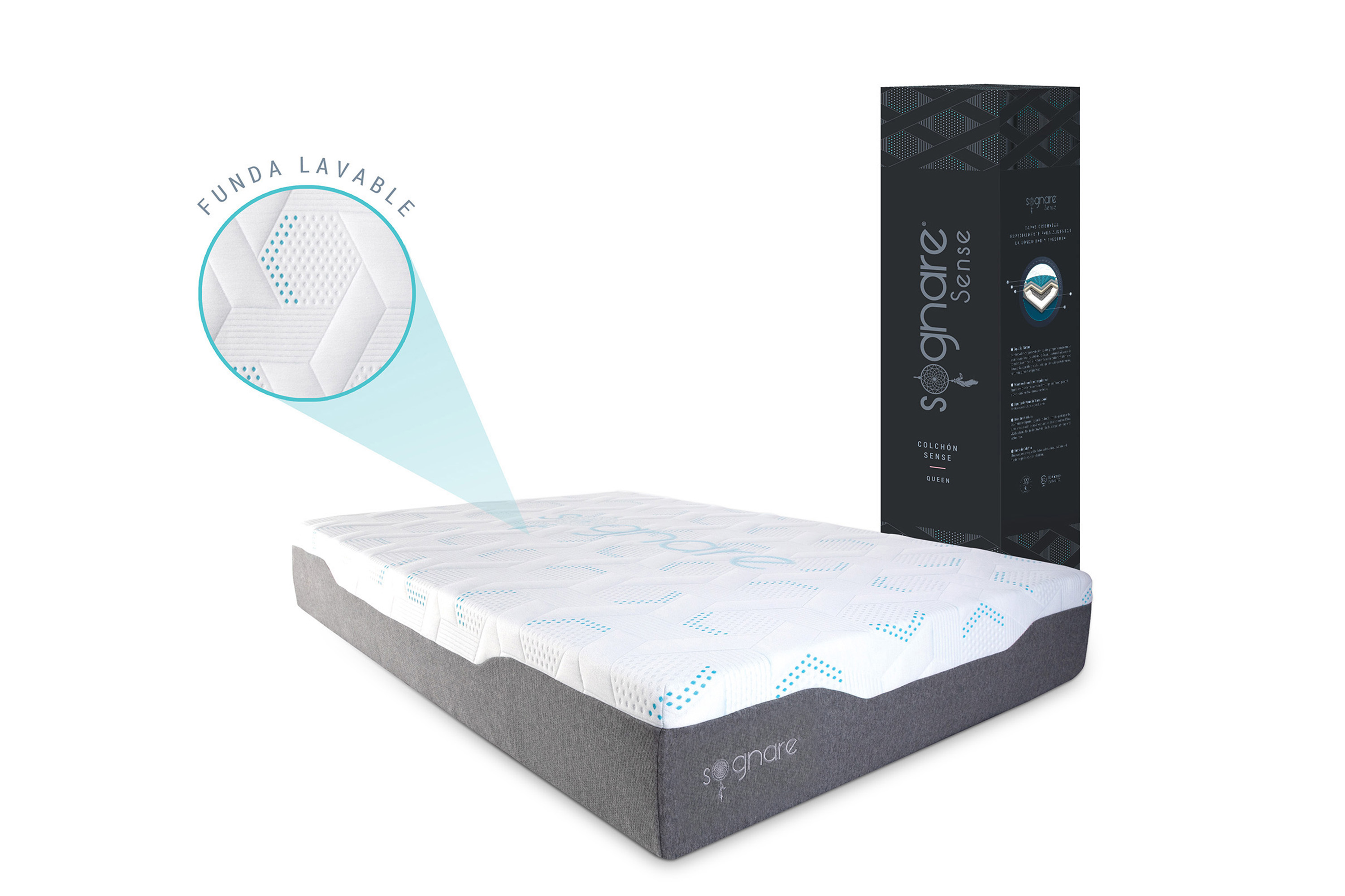 Sognare Sense Colchón Queen Size Híbrido de Memory Foam y Gel Densidad Semi Firme Fresco con Funda Removible Lavable.