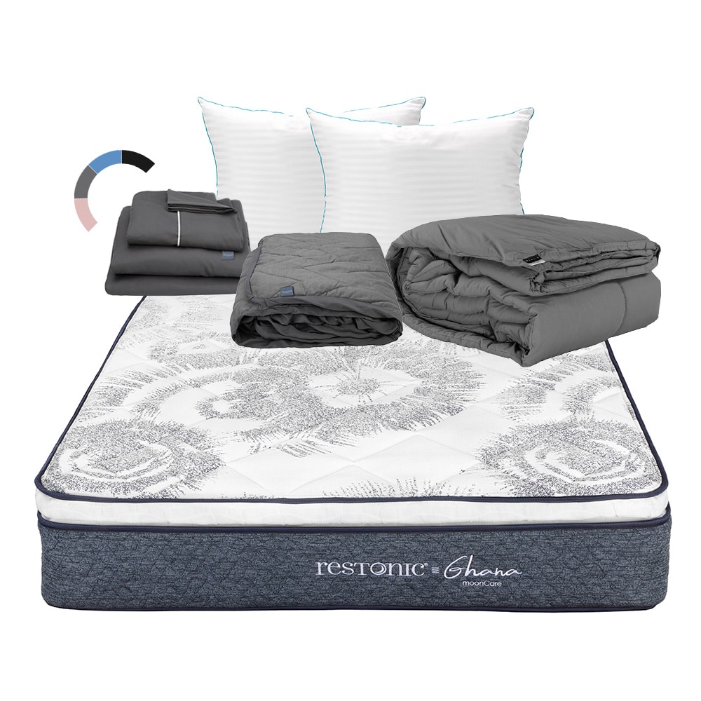 Colchón Restonic Ghana + Almohada Royal Twin + Protector Lux + Sábanas Royal + Edredón Homy Individual $5,399