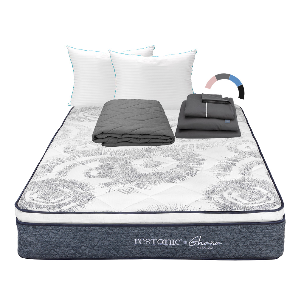 Colchón Restonic Ghana + Almohada Royal Twin + Protector Lux + Sábanas Royal Queen Size