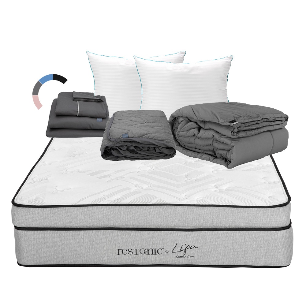 Colchón Restonic Lipa + Almohada Royal Twin + Protector Lux + Sábanas Royal + Edredón Homy King Size $9,749