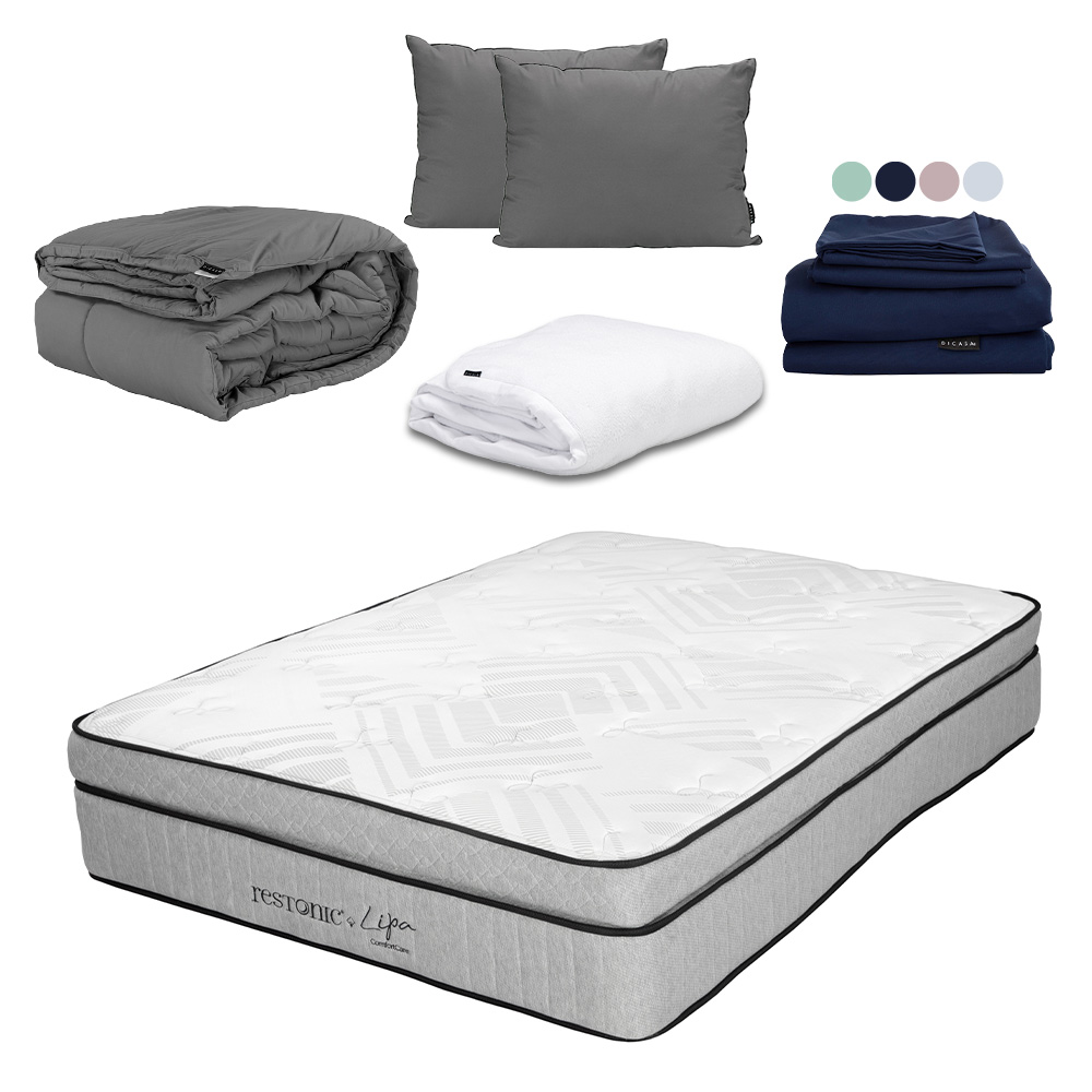 Colchón Restonic Lipa + Almohada 2pack + Protector Cloud + Sábanas Softy + Edredón Homy Queen Size