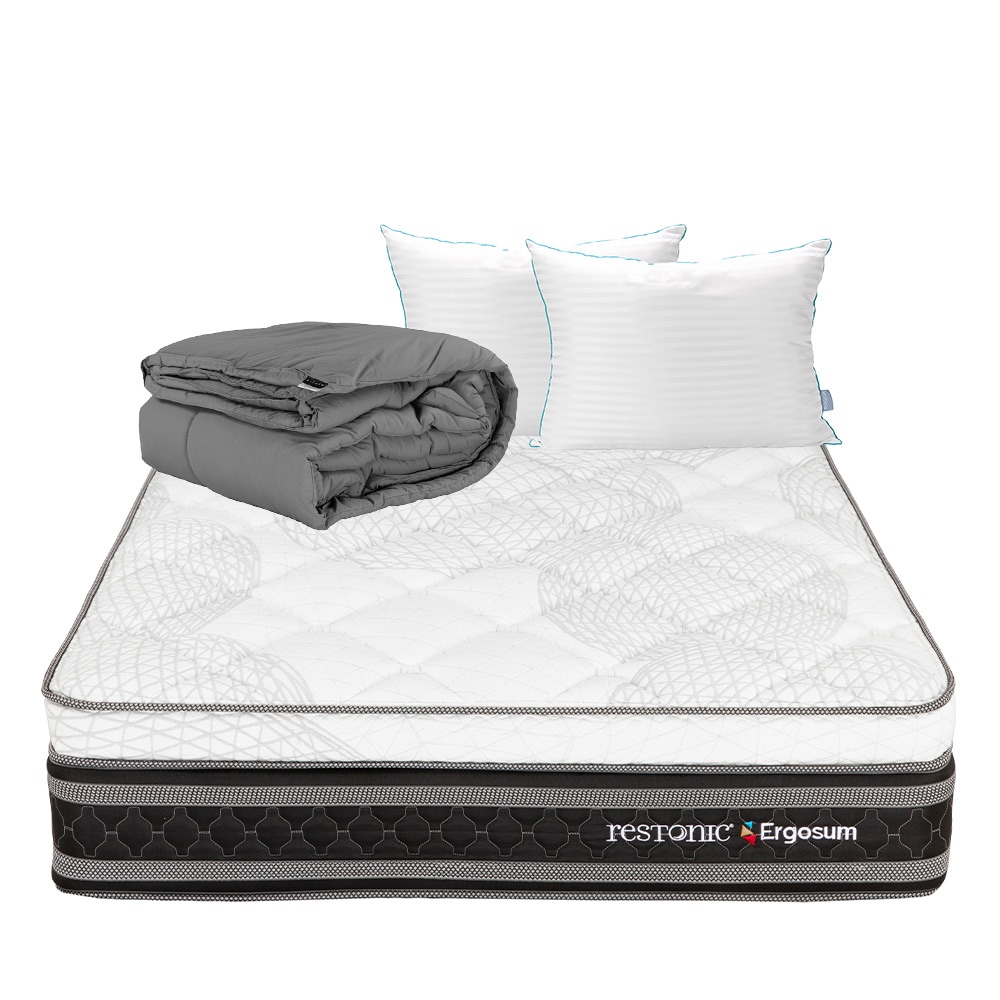 Colchon Restonic Ergosum + Almohada Royal Twin + Edredon Homy Matrimonial $6,049