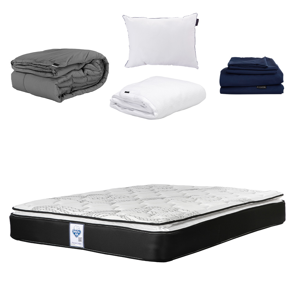 Colchón Premier Spring Air Queen Size + Almohada One + Protector Cloud + Sábanas Softy + Edredón Homy