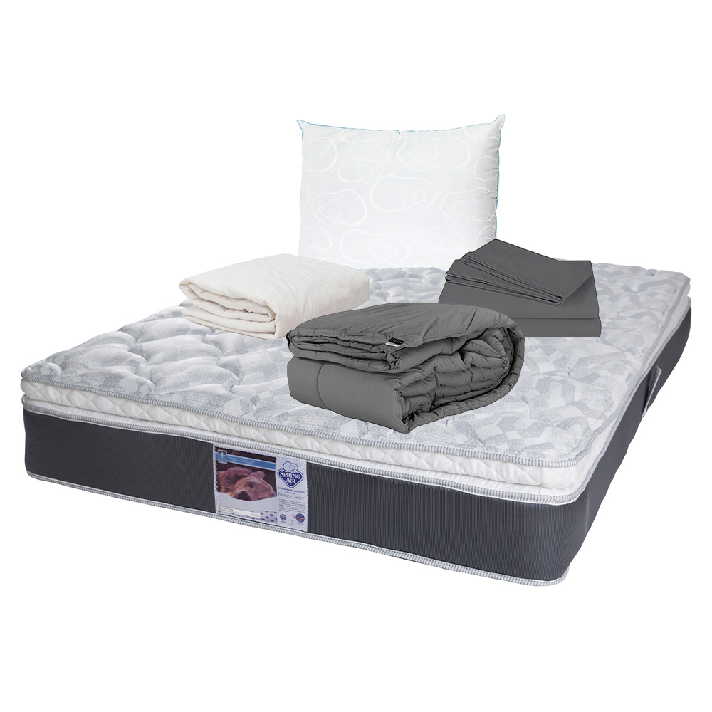 Colchón Spring Air Matrimonial + Almohada Oso + Protector + Sábanas + Edredón