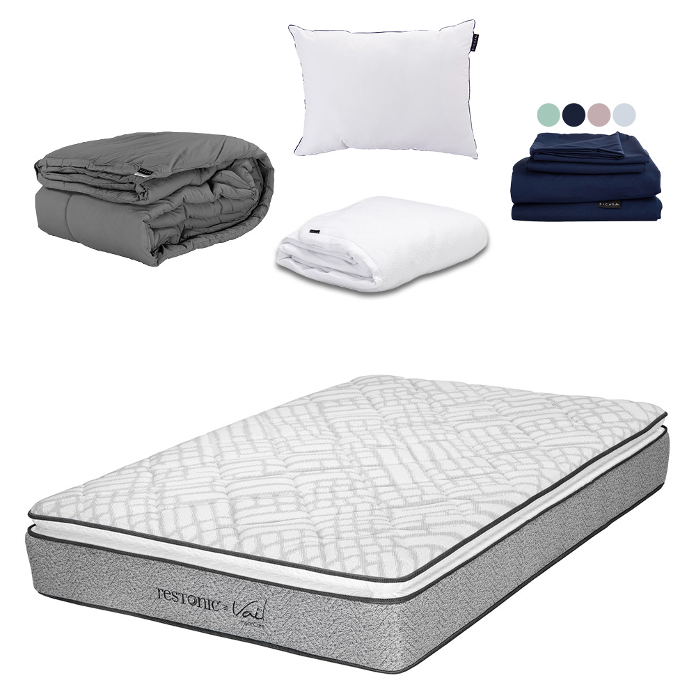 Colchón Restonic Vail Matrimonial + Almohada One + Protector Cloud + Sábanas Softy + Edredón Homy