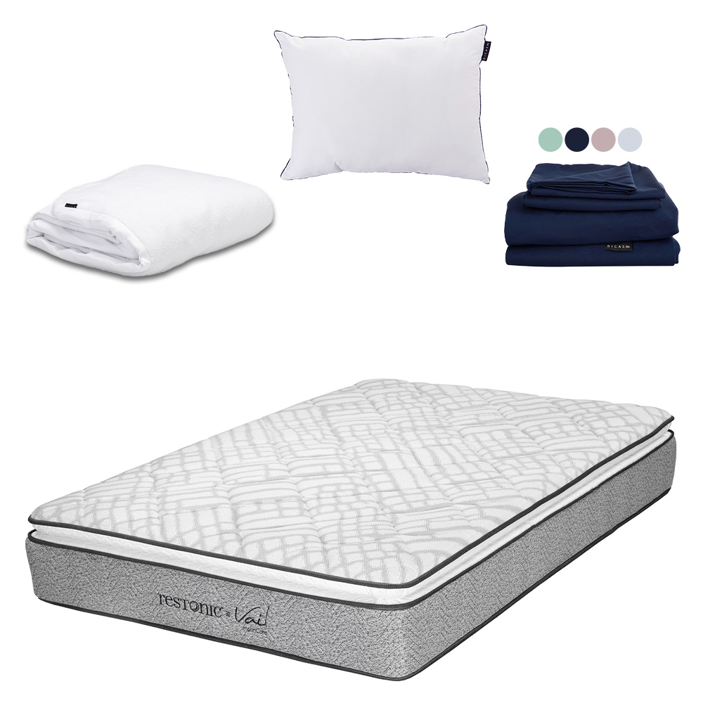 Colchón Restonic Vail Queen Size + Almohada One + Protector Cloud + Sábanas Softy