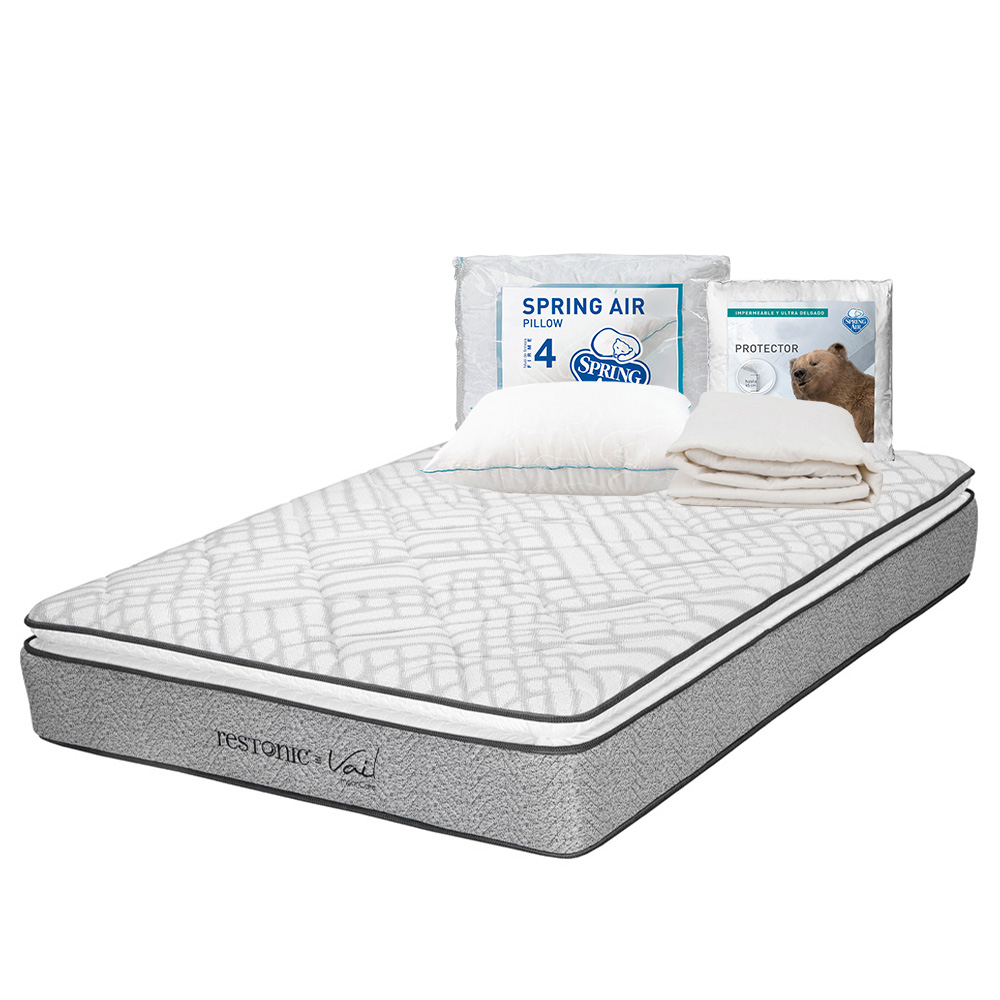 Colchón Restonic Vail Gris Queen Size + Protector Ultra + Almohada Oso