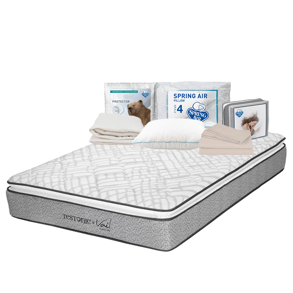 Colchón Restonic Vail Gris Queen Size + Sabanas Basic + Protector Ultra + Almohada Oso