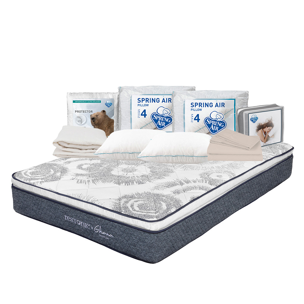 Colchón Restonic Ghana Azul Matrimonial + Almohada Oso 2 + Protector Ultra + Sabanas Basic