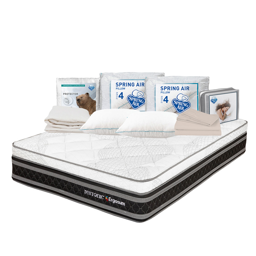 Colchón Restonic Ergosum Negro Matrimonial + Almohada Oso 2 + Protector Ultra + Sábana Basic