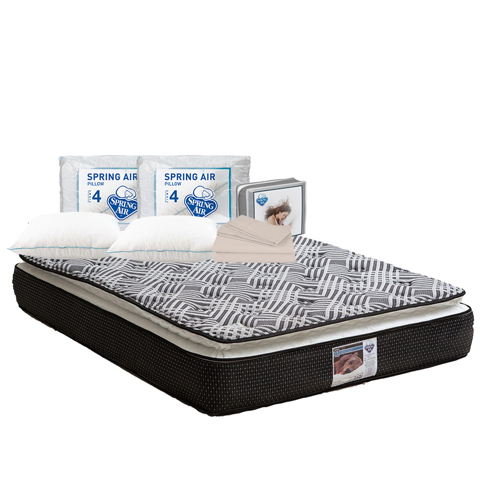 Colchón Spring Air Omega Negro Queen Size + 2 Almohadas Osos + Sábanas Basic