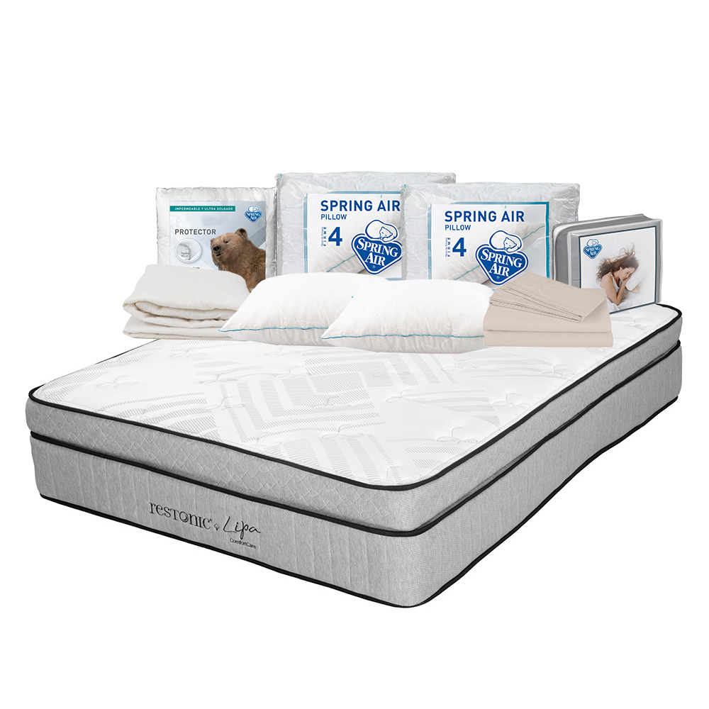Colchón Restonic Lipa Gris King Size + 2 Almohadas Osos  + Protector Ultra + Sábanas Basic