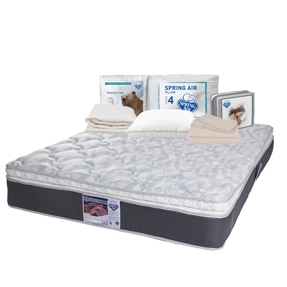 Colchón Spring Air Marte Gris Matrimonial + Almohada Oso + Protector Ultra + Sabanas Basic