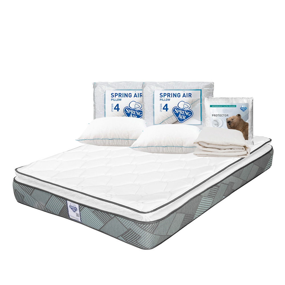 Colchón Spring Air Baggio Azul Matrimonial + Almohada Osos 2 + Protector Ultra