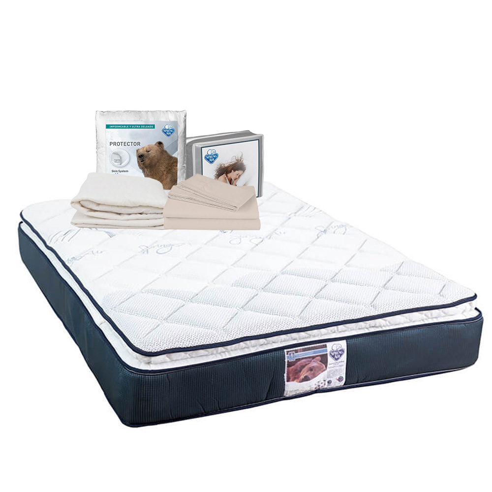 Colchón Spring Air Mónaco Azul Queen Size + Sábanas Basic + Protector Ultra