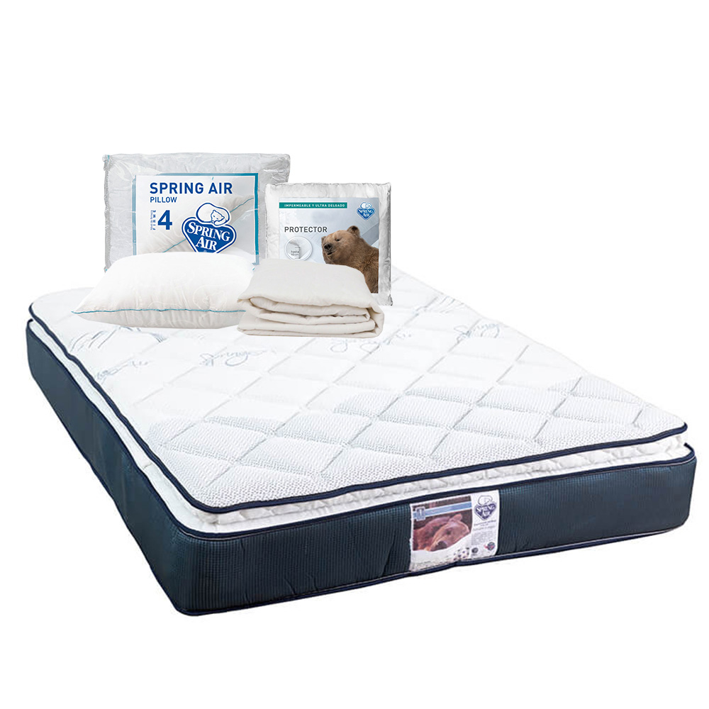 Colchón Spring Air Mónaco Azul Individual + Protector Ultra + Almohada Oso