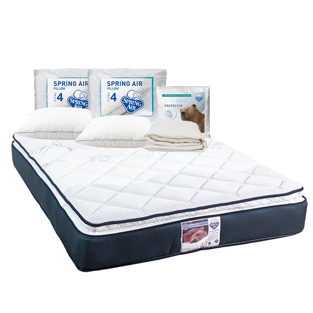 Colchón Spring Air Mónaco Azul King Size + Protector Ultra + 2 Almohadas Osos