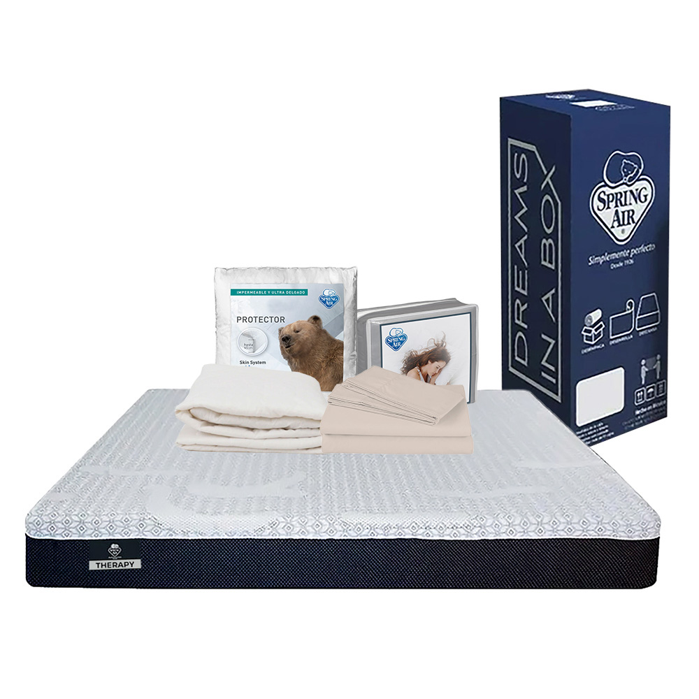 Colchón Spring Air Therapy Azul Queen Size + Protector Ultra + Sábanas Basic