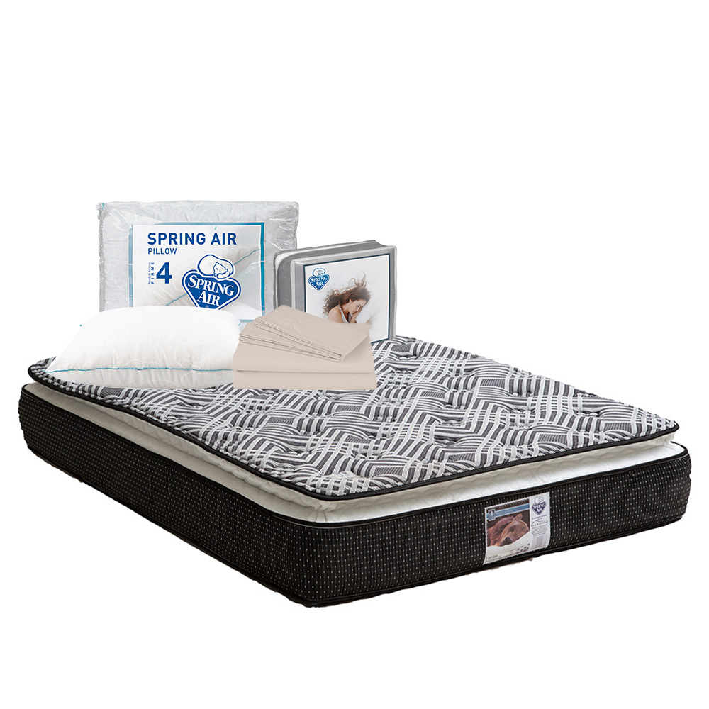 Colchón Spring Air Omega Negro Matrimonial + Almohada Osos + Sábanas Basic