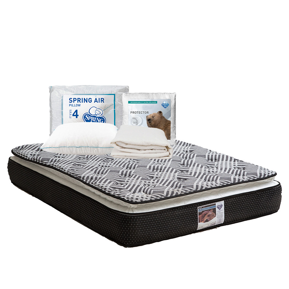 Colchón Spring Air Omega Negro Matrimonial + Almohada Osos + Protector Ultra