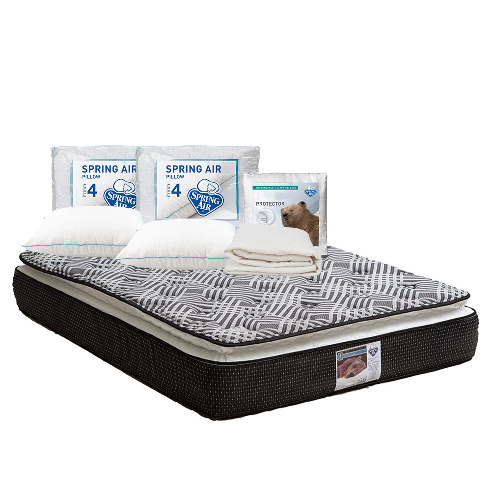 Colchón Spring Air Omega Negro Queen Size + 2 Almohadas Osos + Protector Ultra