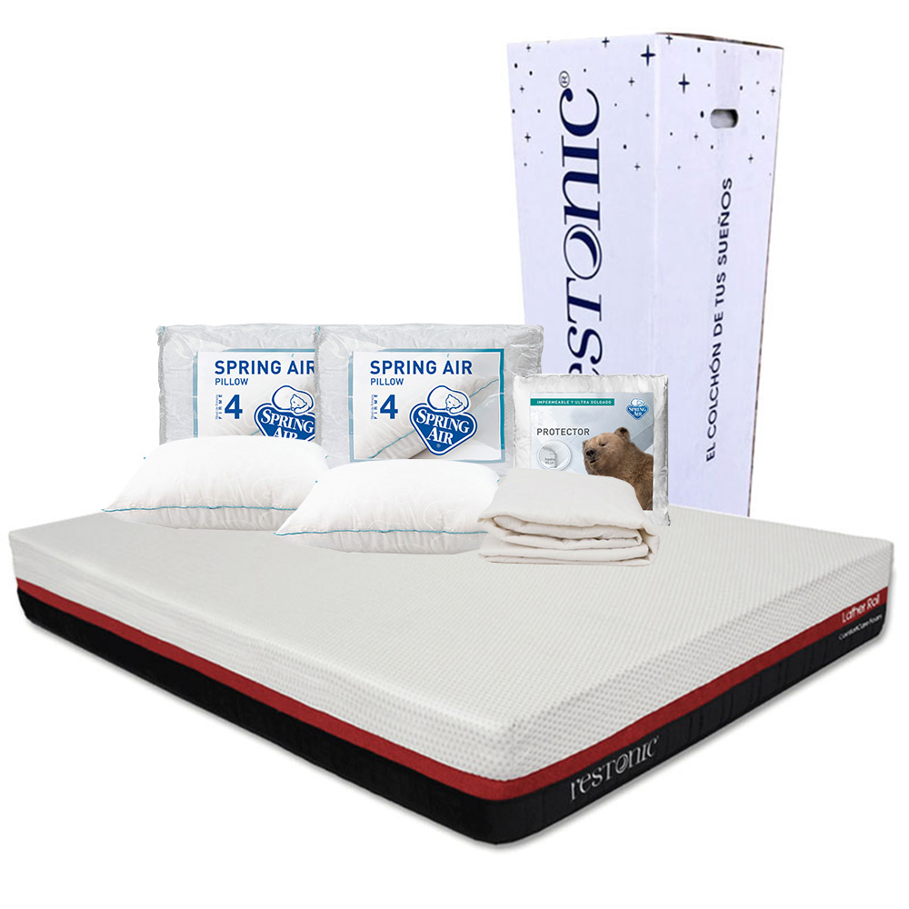 Colchón Restonic Roll Rojo Queen Size + Protector Ultra + 2 Almohadas Osos