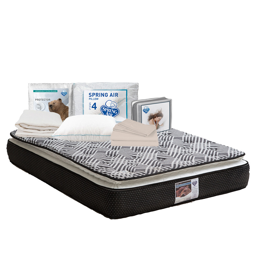Colchón Spring Air Omega Negro King Size + Almohada Osos + Protector Ultra + Sábanas Basic